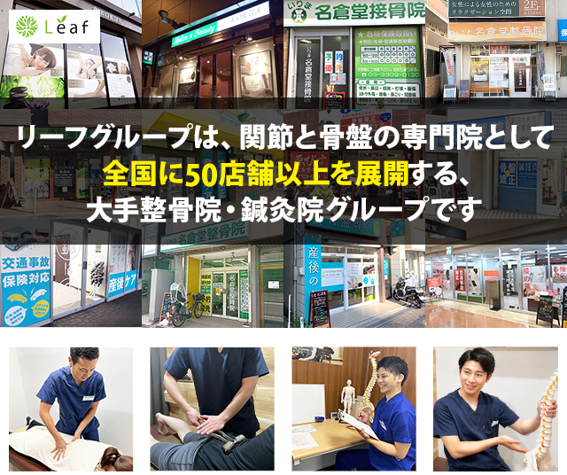 リーフグループは、関節と骨盤の専門院として全国に50店舗以上を展開する、大手整骨院・鍼灸院グループです